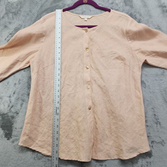 Kleen Top Womens Size L Orange Linen Button Up Crop Sleeve Blouse Lagenlook - Picture 10 of 11